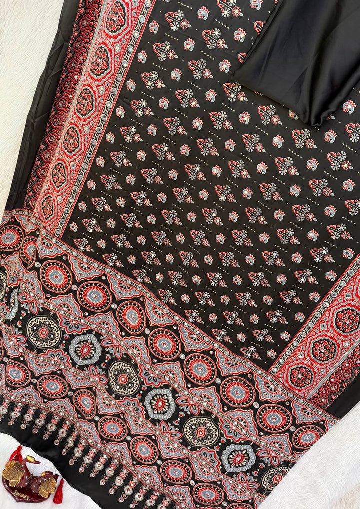 Royal Ajarakh Mirror Heavy Japan Satin Saree-BLACK