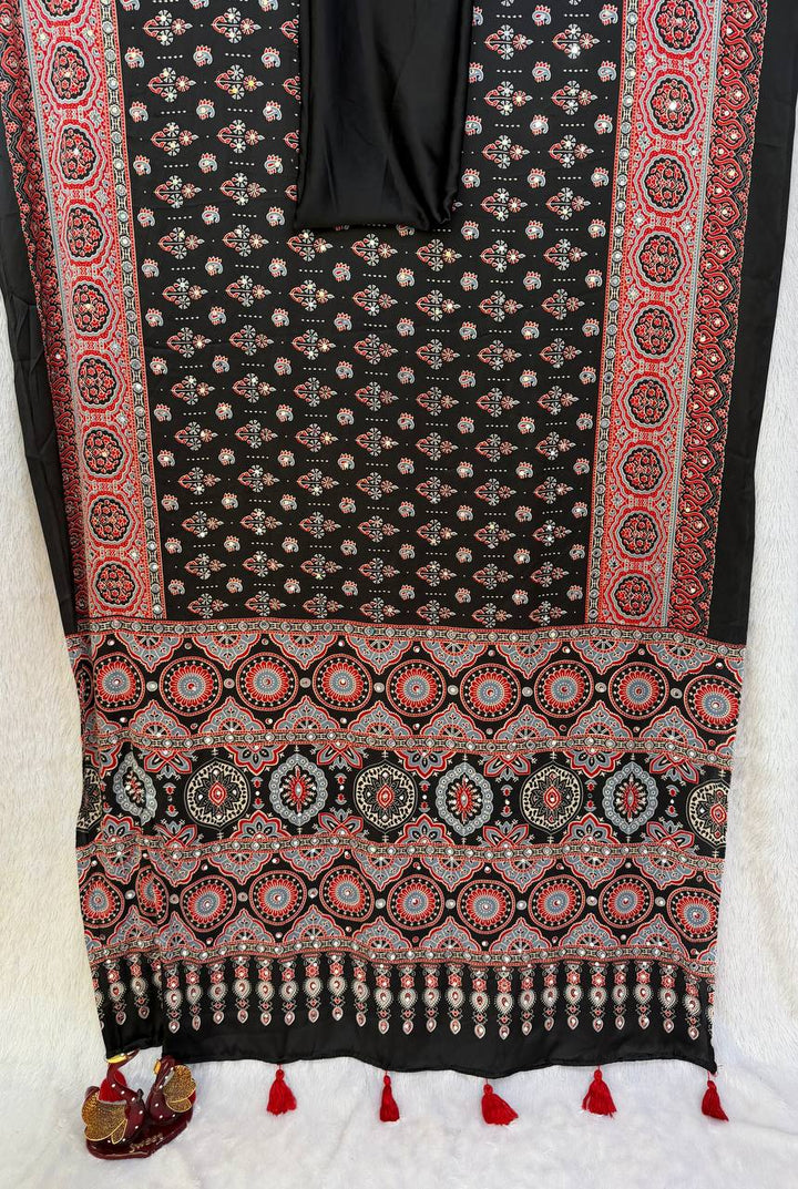 Royal Ajarakh Mirror Heavy Japan Satin Saree-BLACK