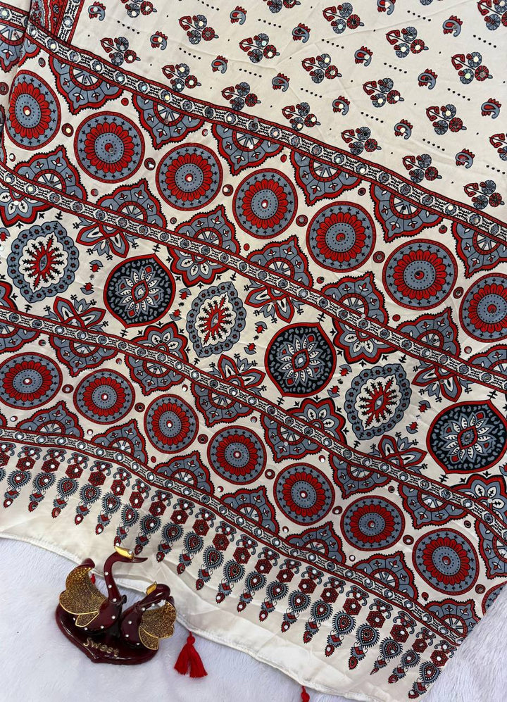 Royal Ajarakh Mirror Heavy Japan Satin Saree-WHITE