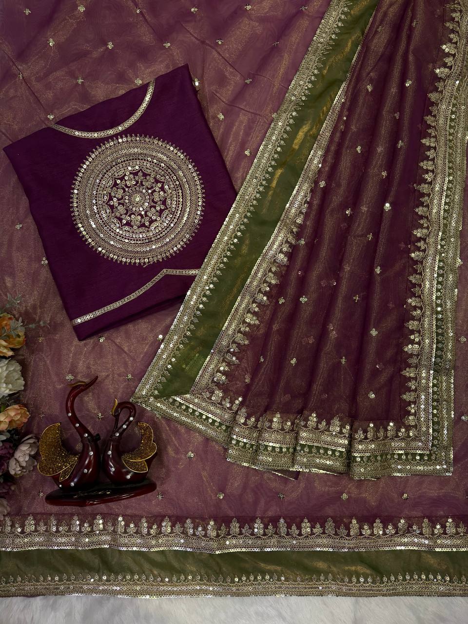 Designer Soft NC Twill Saree with Sequins &amp; Cording Embroidery | Mono Banglori Embroidered Blouse