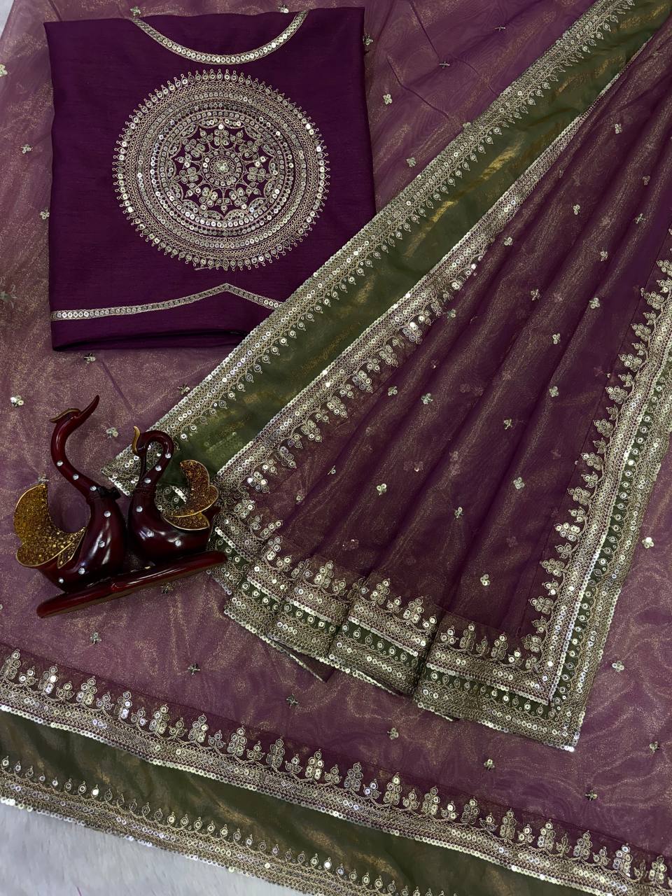 Designer Soft NC Twill Saree with Sequins &amp; Cording Embroidery | Mono Banglori Embroidered Blouse