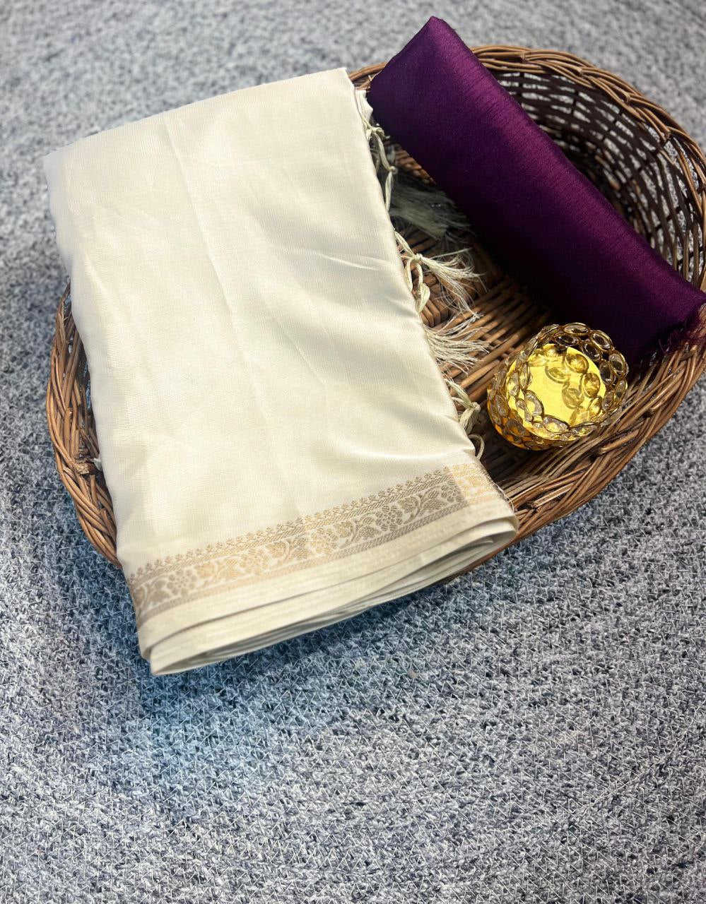 Elegant Off White Pure Shatin Silk Saree With Contrast Blouse - MARRON
