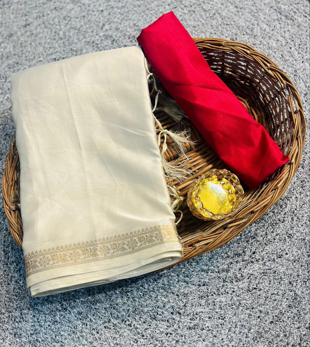 Elegant Off White Pure Shatin Silk Saree With Contrast Blouse - RED