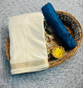 Elegant Off White Pure Shatin Silk Saree With Contrast Blouse - BLUE