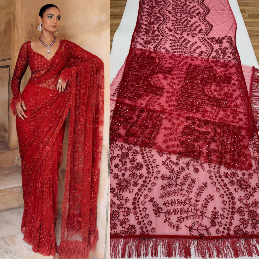 Luxury Red Sequin Embroidered Net Saree with Designer Blouse