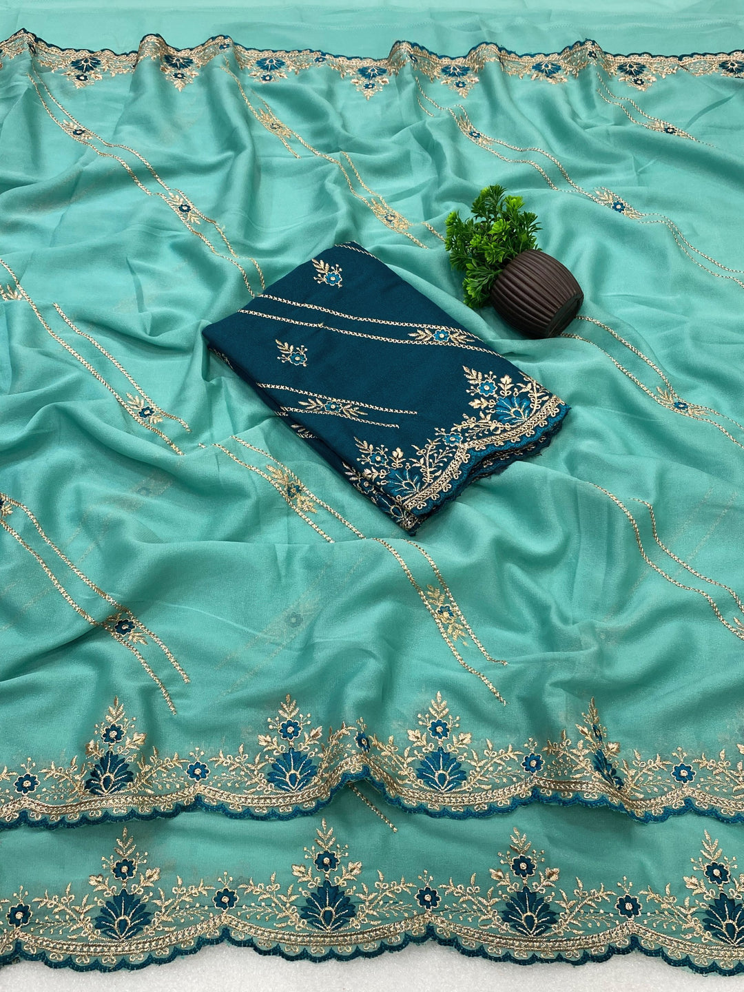 Star Georgette Zari Embroidered Saree with Designer Sequin Blouse - SKY BLUE