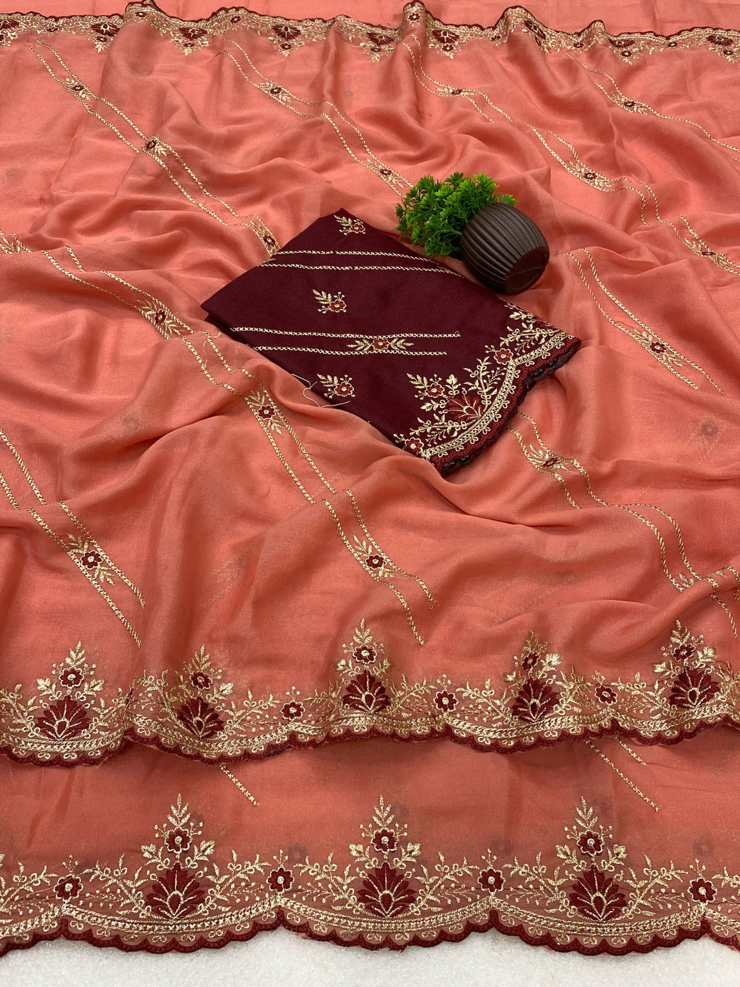 Star Georgette Zari Embroidered Saree with Designer Sequin Blouse - PEACH
