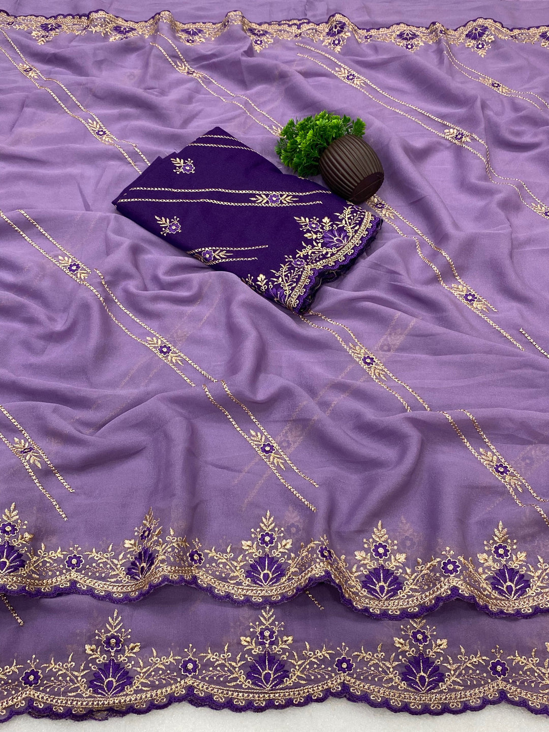 Star Georgette Zari Embroidered Saree with Designer Sequin Blouse - PURPLE