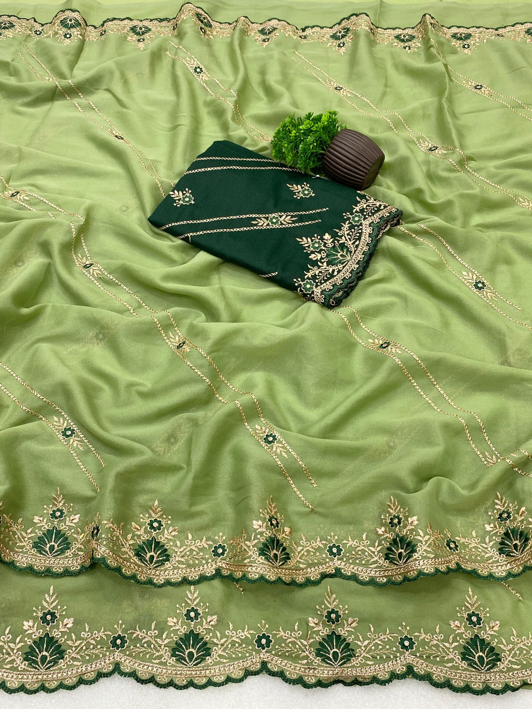 Star Georgette Zari Embroidered Saree with Designer Sequin Blouse - PARROT