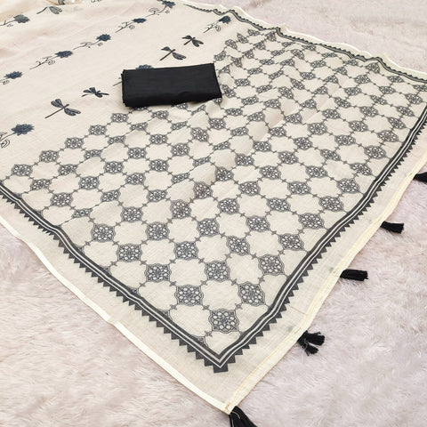 Soft Linen Cotton Artistic Print Saree