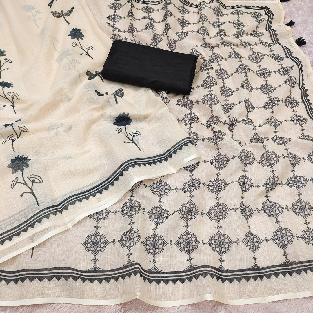 Soft Linen Cotton Artistic Print Saree
