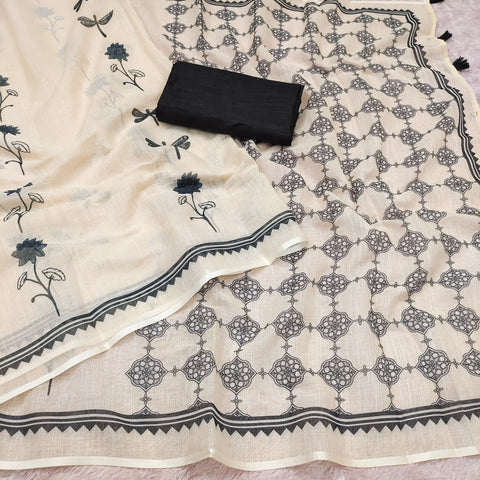 Soft Linen Cotton Artistic Print Saree
