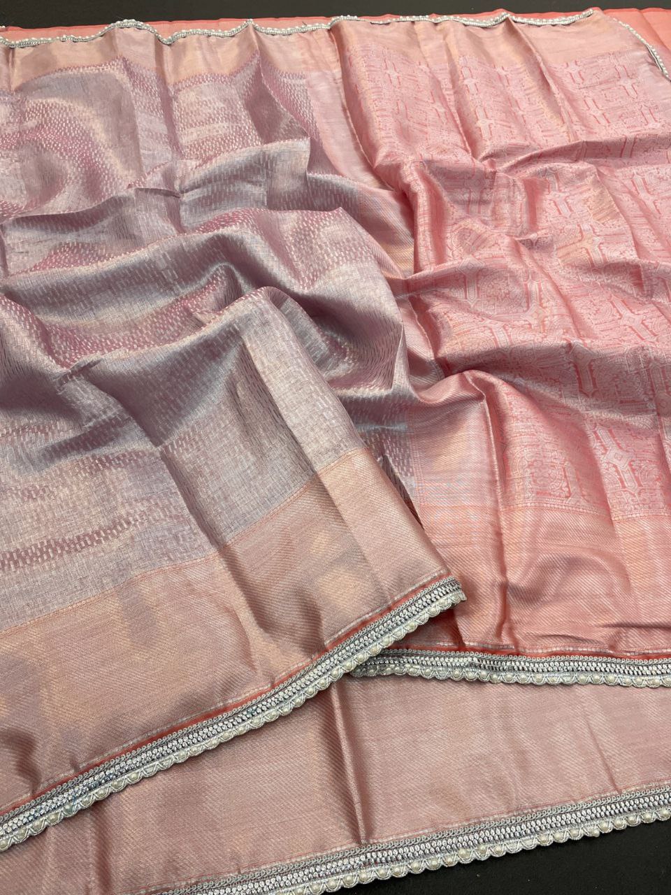 Royal Radiance Tissue Silk Saree with Zari Woven Border  - ROSE SILVER