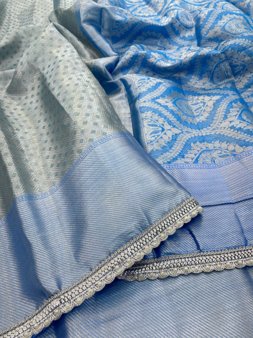 Royal Radiance Tissue Silk Saree with Zari Woven Border  - SILVER &amp; SKY BLUE