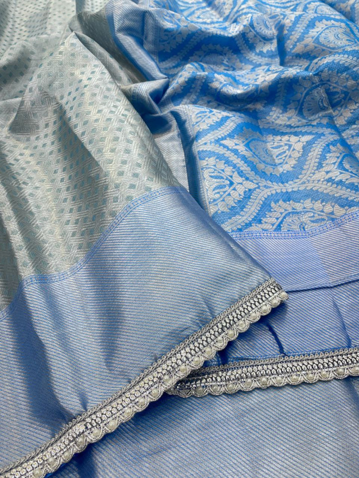 Royal Radiance Tissue Silk Saree with Zari Woven Border  - SILVER &amp; SKY BLUE