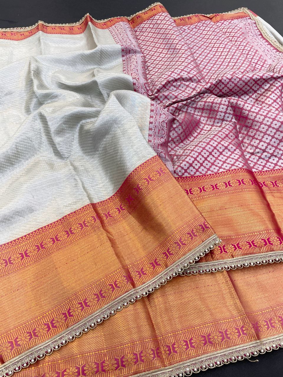 Royal Radiance Tissue Silk Saree with Zari Woven Border  - SILVER &amp; ORANGE