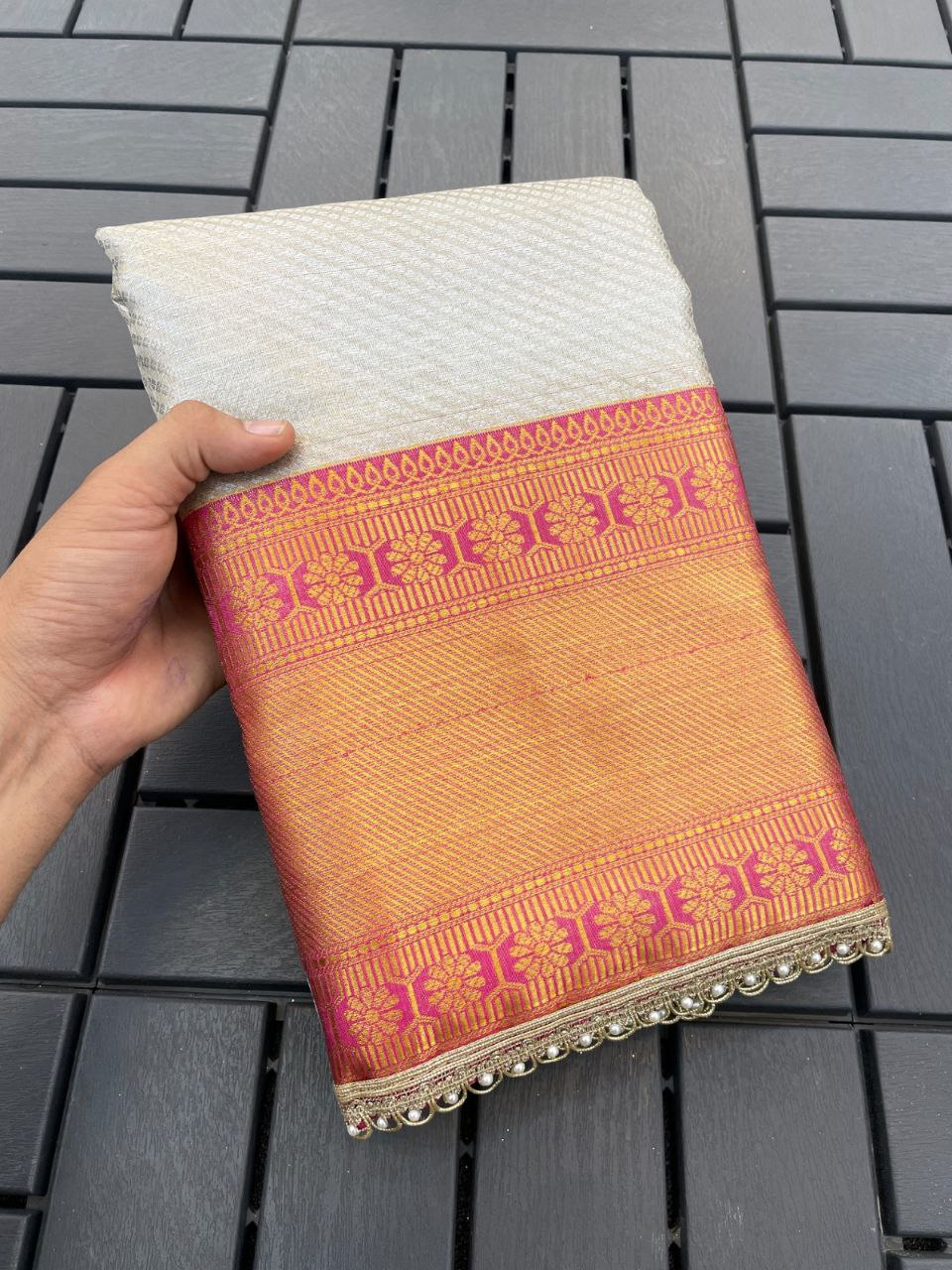 Royal Radiance Tissue Silk Saree with Zari Woven Border  - SILVER &amp; ORANGE