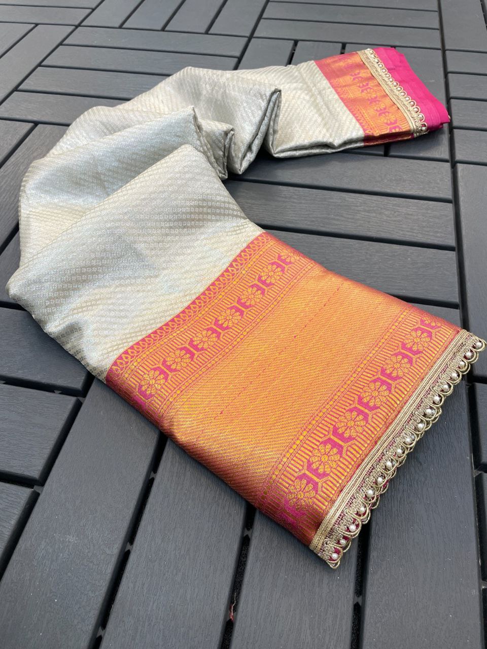 Royal Radiance Tissue Silk Saree with Zari Woven Border  - SILVER &amp; ORANGE