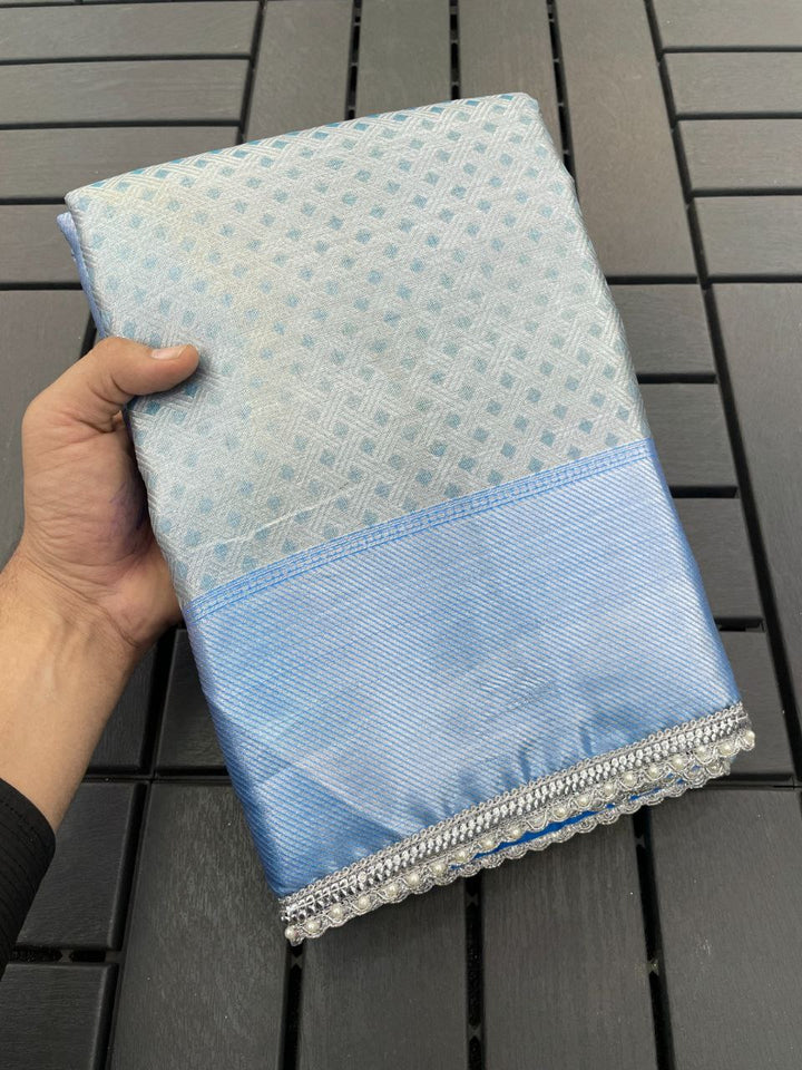 Royal Radiance Tissue Silk Saree with Zari Woven Border  - SILVER &amp; SKY BLUE