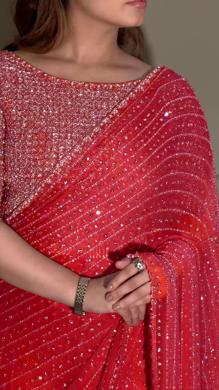 Heavy Embroidered Faux Georgette Saree with Matching Blouse - RED