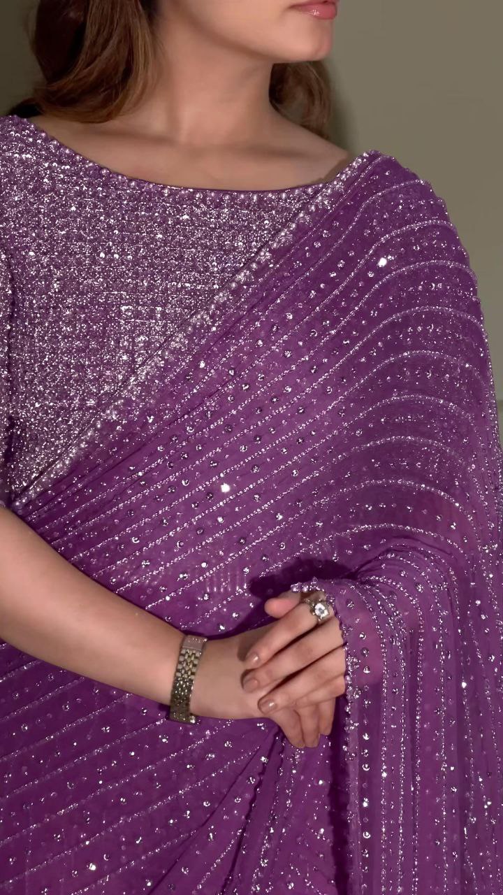 Heavy Embroidered Faux Georgette Saree with Matching Blouse - WINE