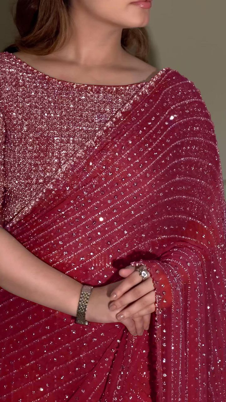 Heavy Embroidered Faux Georgette Saree with Matching Blouse - MAROON