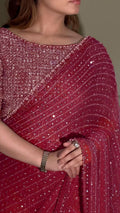 Heavy Embroidered Faux Georgette Saree with Matching Blouse - MAROON