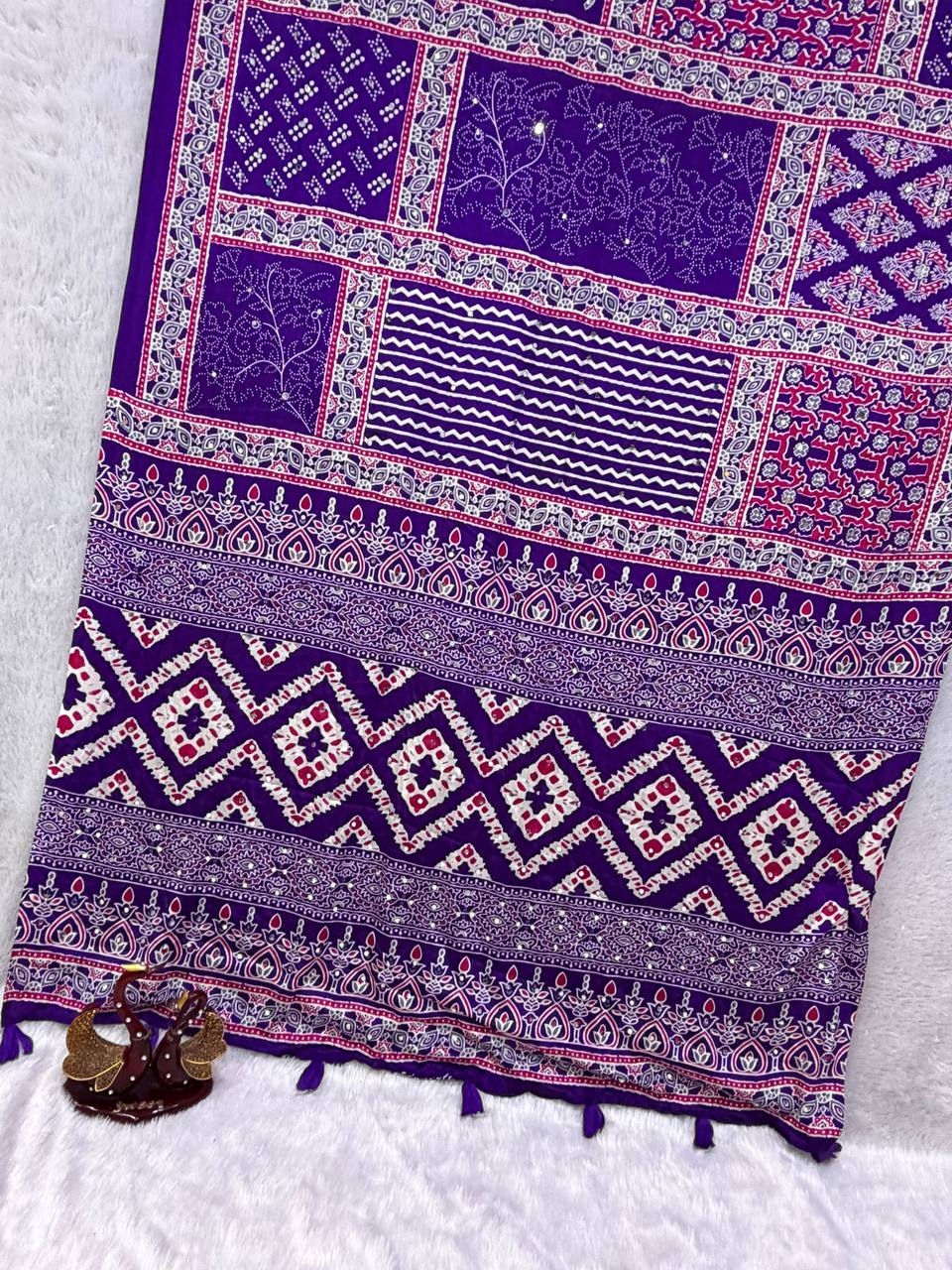 Ajarakh Mirror Royale Soft Satin Crepe Saree-PURPLE