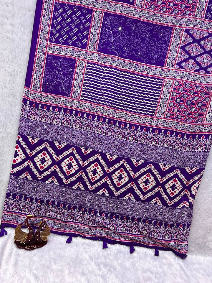 Ajarakh Mirror Royale Soft Satin Crepe Saree-PURPLE