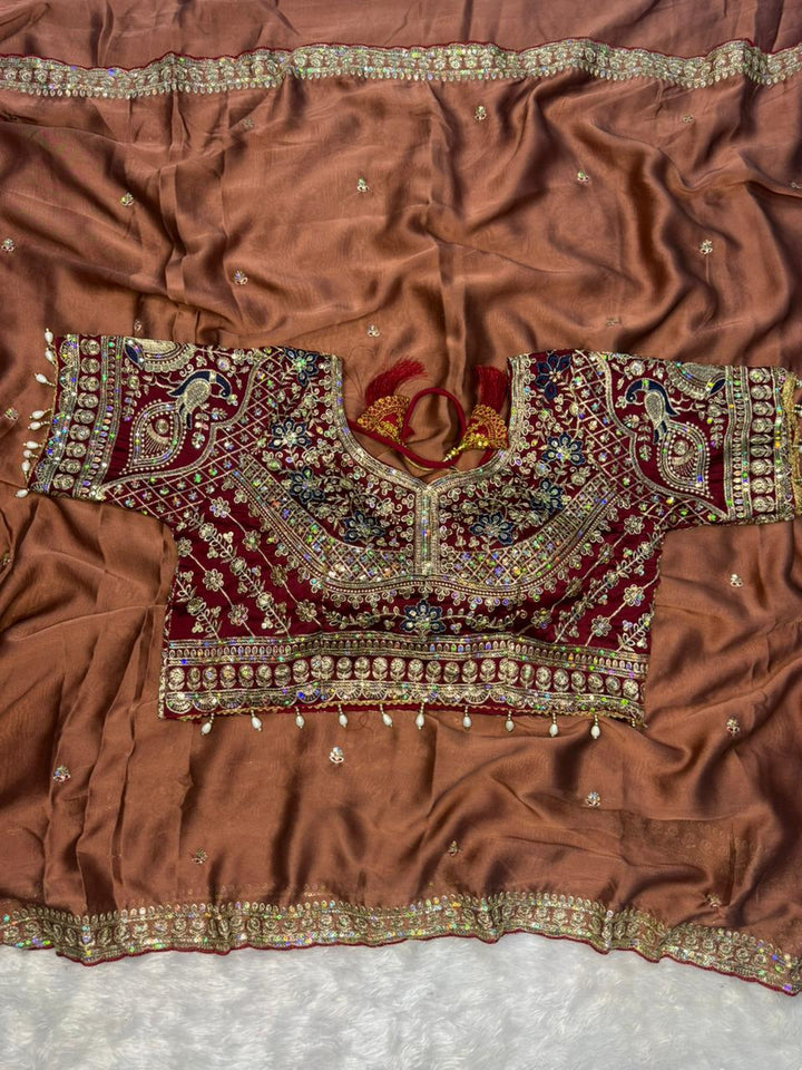 Wedding Special Embroidered Rangoli Silk Saree with Ready Blouse-BROWN