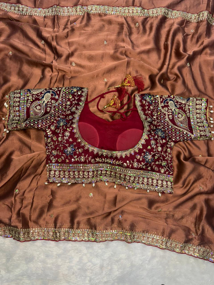 Wedding Special Embroidered Rangoli Silk Saree with Ready Blouse-BROWN