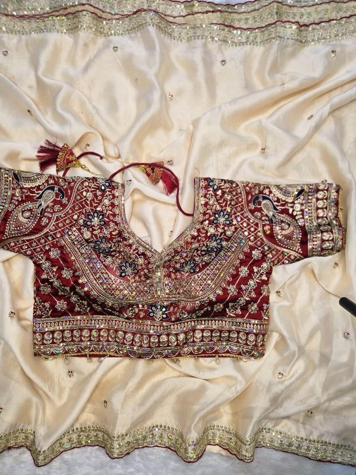 Wedding Special Embroidered Rangoli Silk Saree with Ready Blouse-OFF WHITE