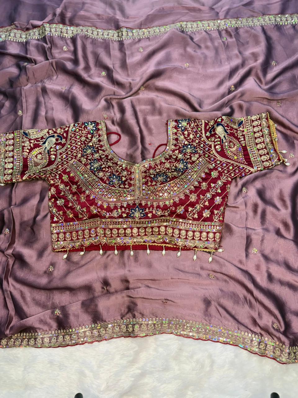 Wedding Special Embroidered Rangoli Silk Saree with Ready Blouse-PURPLE