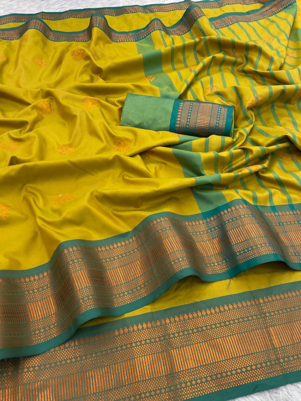 Premium Soft Banarasi Silk Yellow Saree with Copper Zari &amp; Rich Pallu | Contrast Blouse