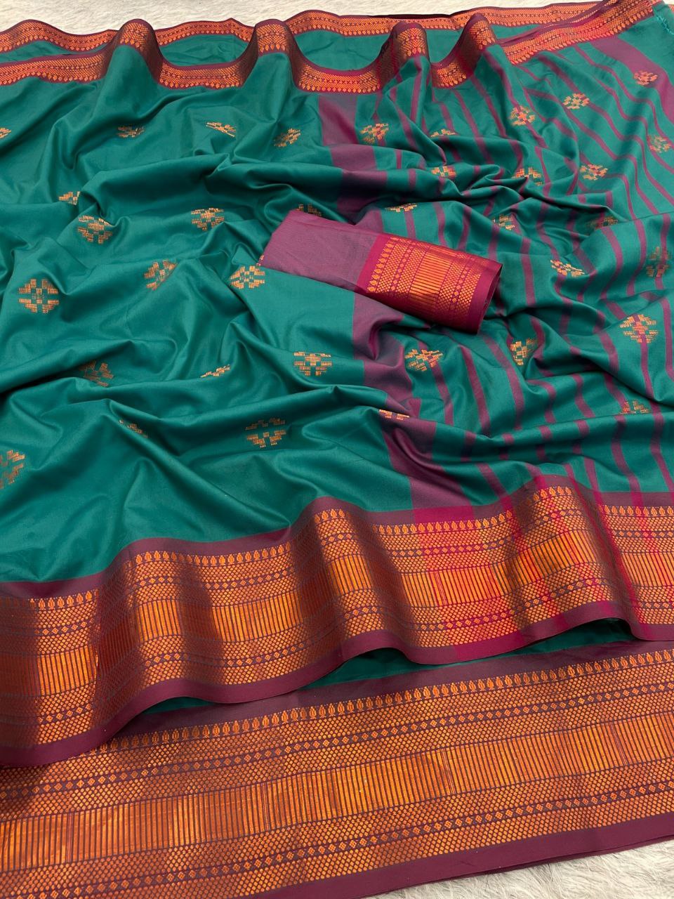 Premium Soft Banarasi Silk Green Saree with Copper Zari &amp; Rich Pallu | Contrast Blouse
