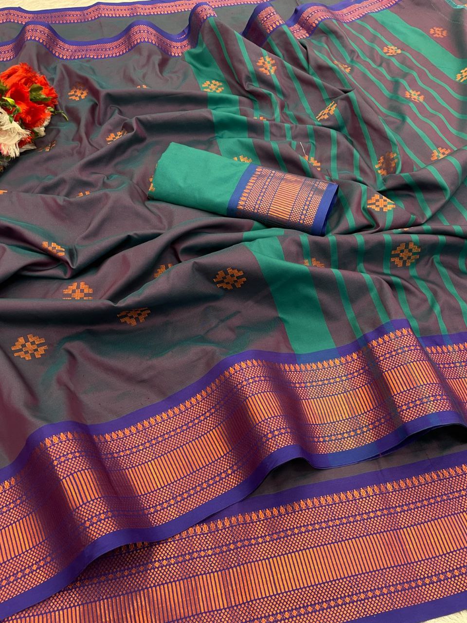 Premium Soft Banarasi Silk Dark Gray Saree with Copper Zari &amp; Rich Pallu | Contrast Blouse