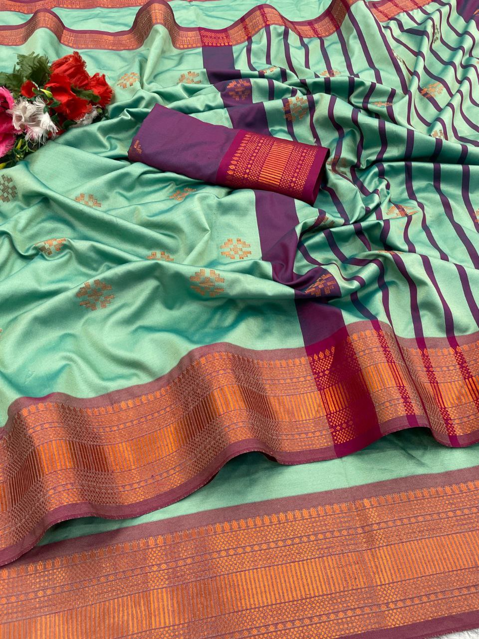 Premium Soft Banarasi Silk Sea Green Saree with Copper Zari &amp; Rich Pallu | Contrast Blouse