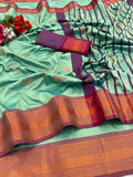 Premium Soft Banarasi Silk Sea Green Saree with Copper Zari & Rich Pallu | Contrast Blouse