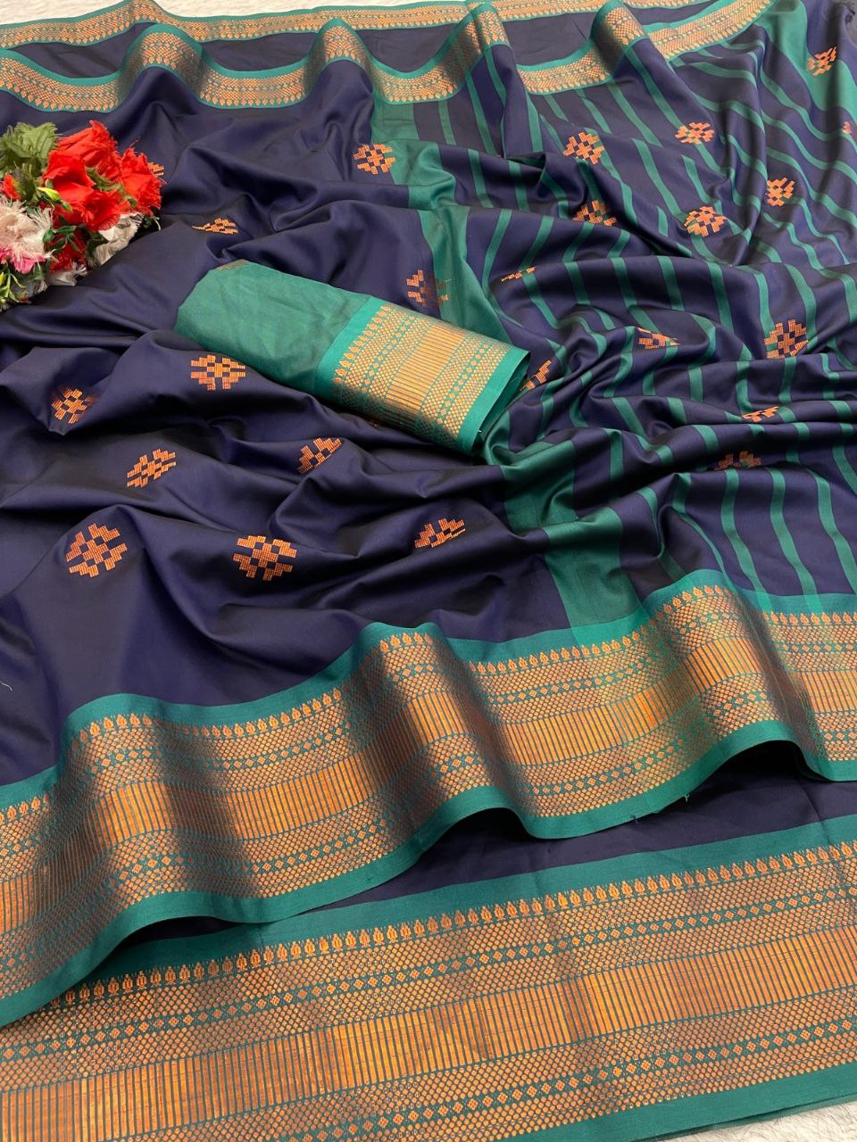 Premium Soft Banarasi Silk Blue Saree with Copper Zari &amp; Rich Pallu | Contrast Blouse