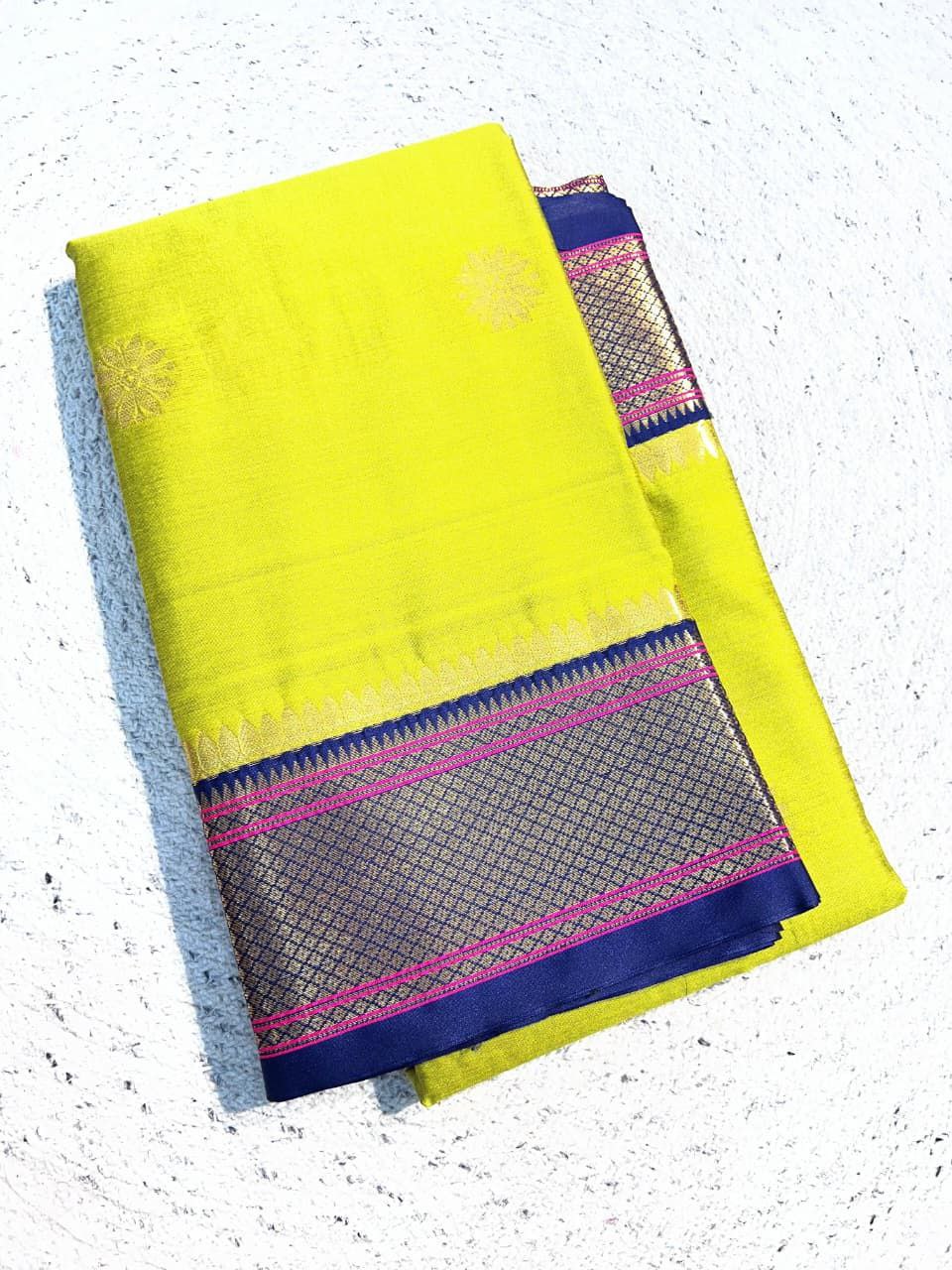 Elegant Aura Silk Saree with Rich Zari Weaving Border &amp; Unstitched Blouse –YELLOW &amp; BLUE