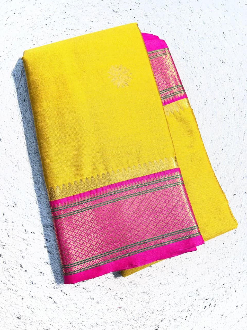 Elegant Aura Silk Saree with Rich Zari Weaving Border &amp; Unstitched Blouse – YELLOW &amp; PINK