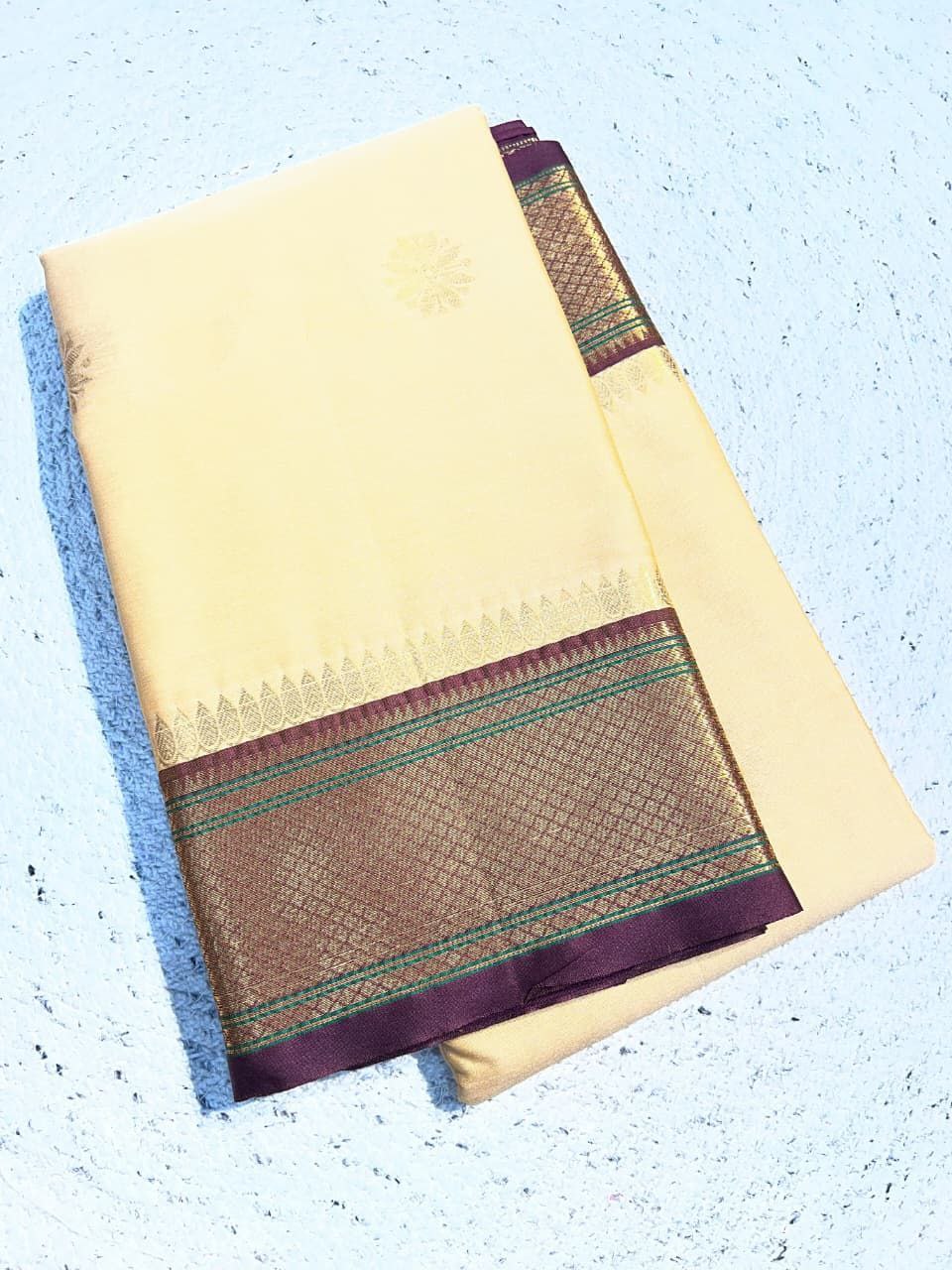 Elegant Aura Silk Saree with Rich Zari Weaving Border &amp; Unstitched Blouse –CREAM &amp; BROWN