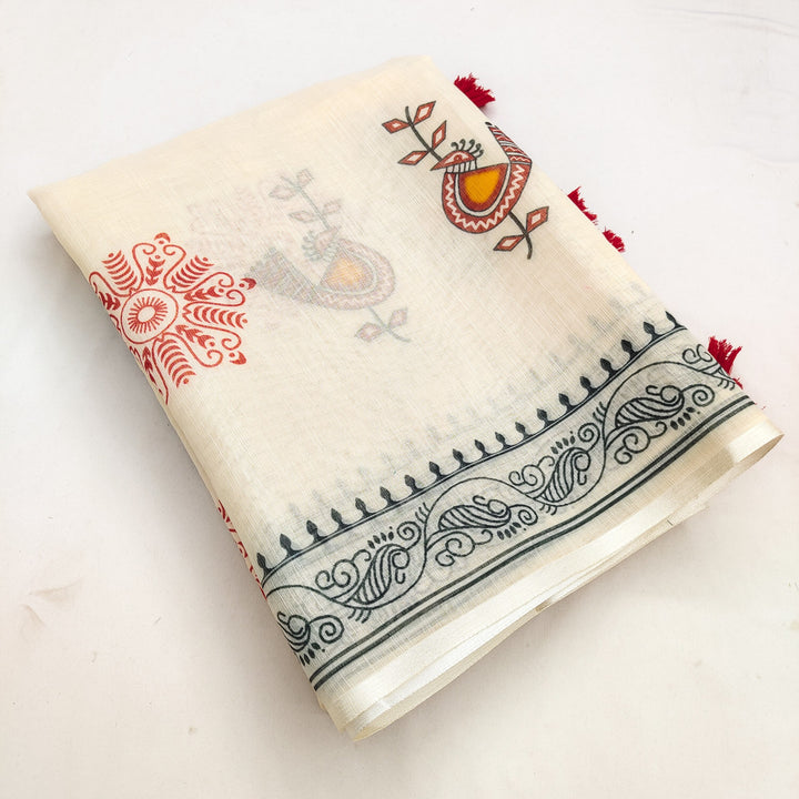 Cultural Motif Printed Casual Wear Saree with Artistic Border Detailing