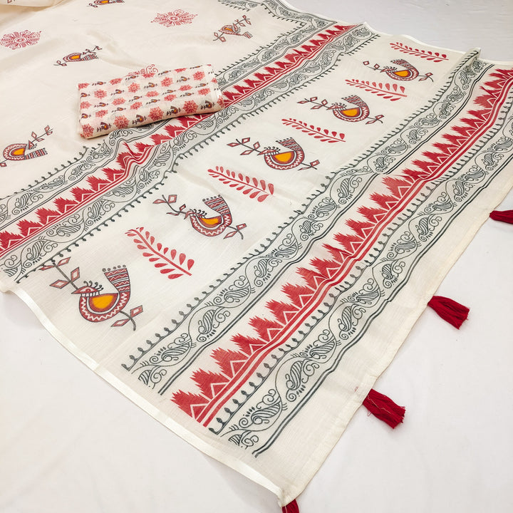 Cultural Motif Printed Casual Wear Saree with Artistic Border Detailing