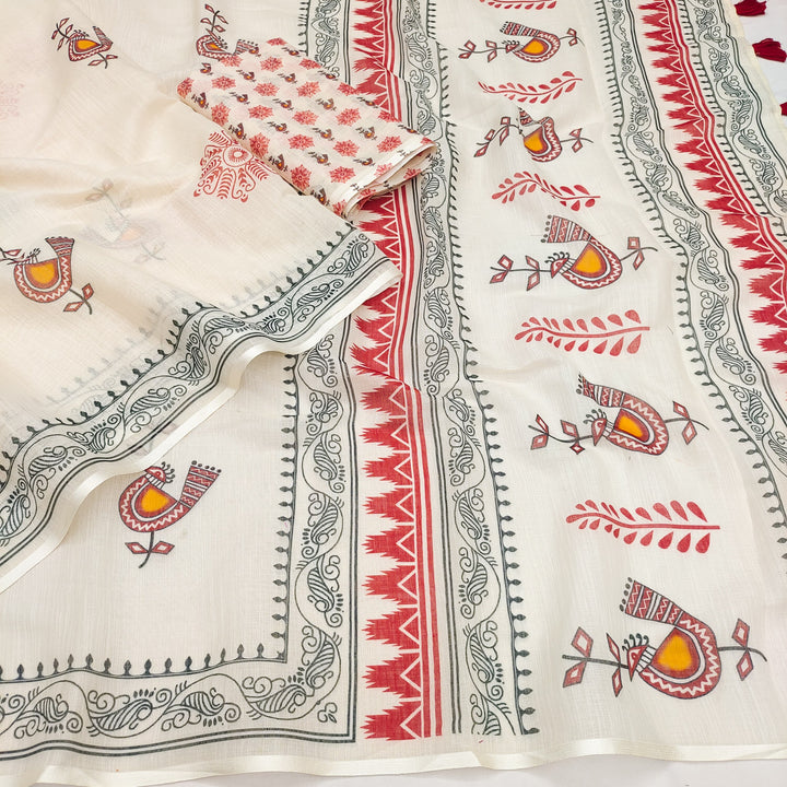 Cultural Motif Printed Casual Wear Saree with Artistic Border Detailing