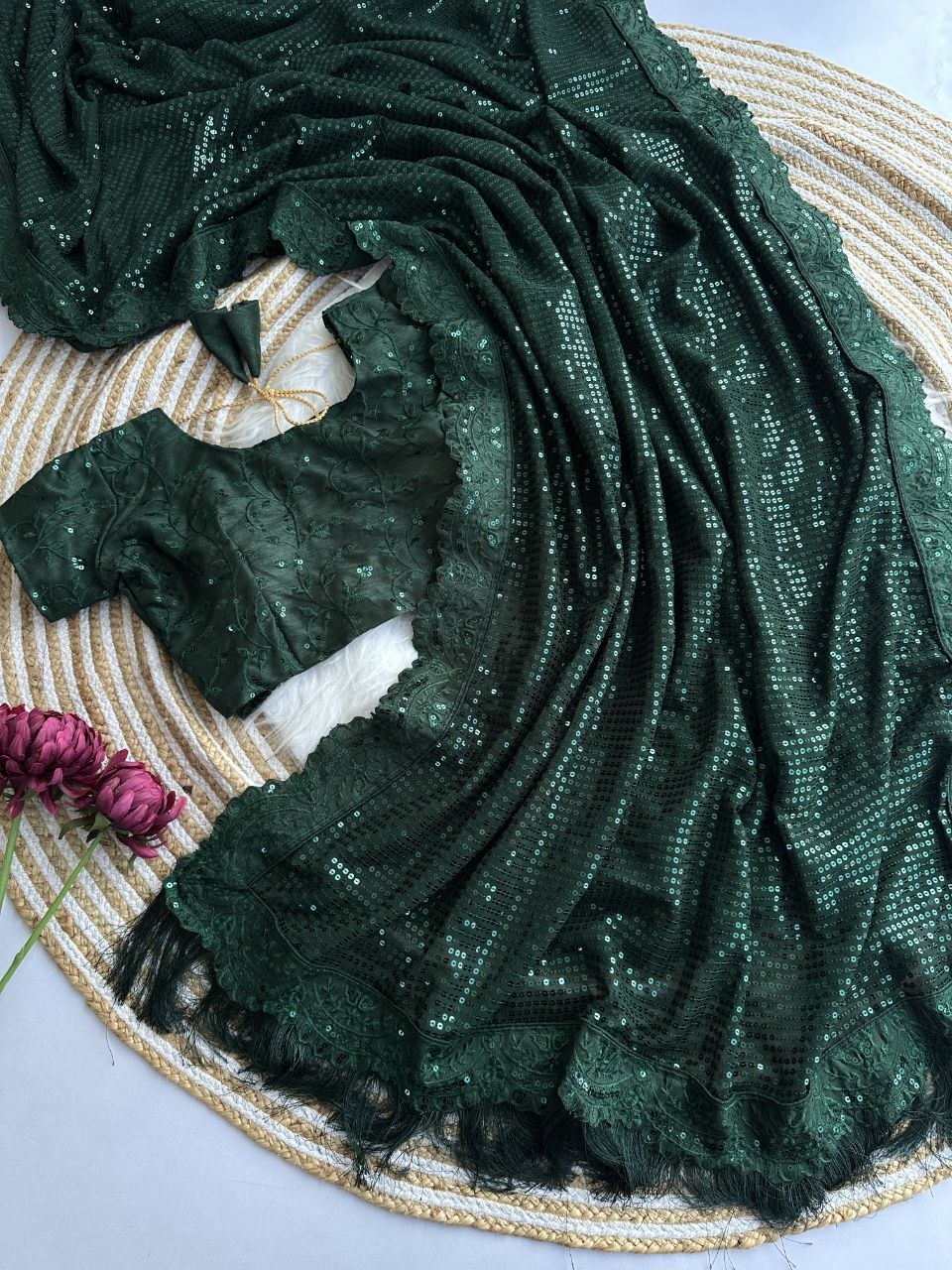 Bollywood Blockbuster Georgette Sequins Embroidered Saree with Designer Silk Blouse-BOTTLEGREEN