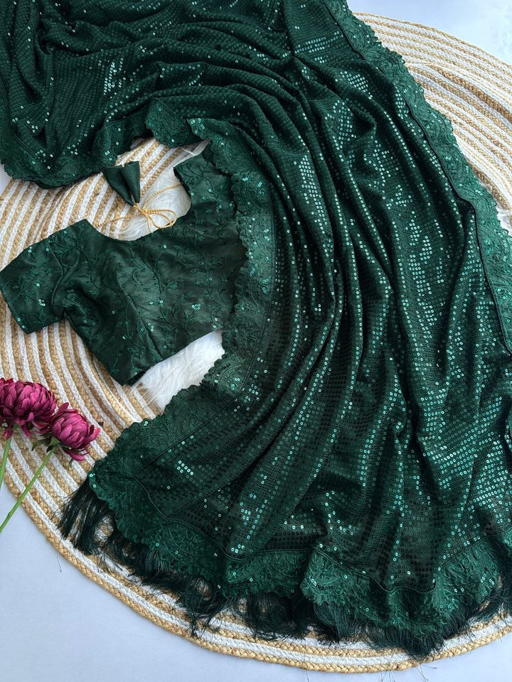 Bollywood Blockbuster Georgette Sequins Embroidered Saree with Designer Silk Blouse-BOTTLEGREEN