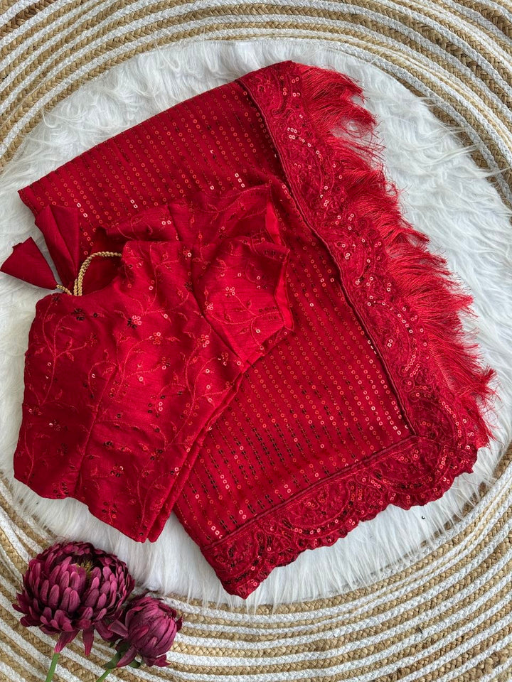 Bollywood Blockbuster Georgette Sequins Embroidered Saree with Designer Silk Blouse-RED