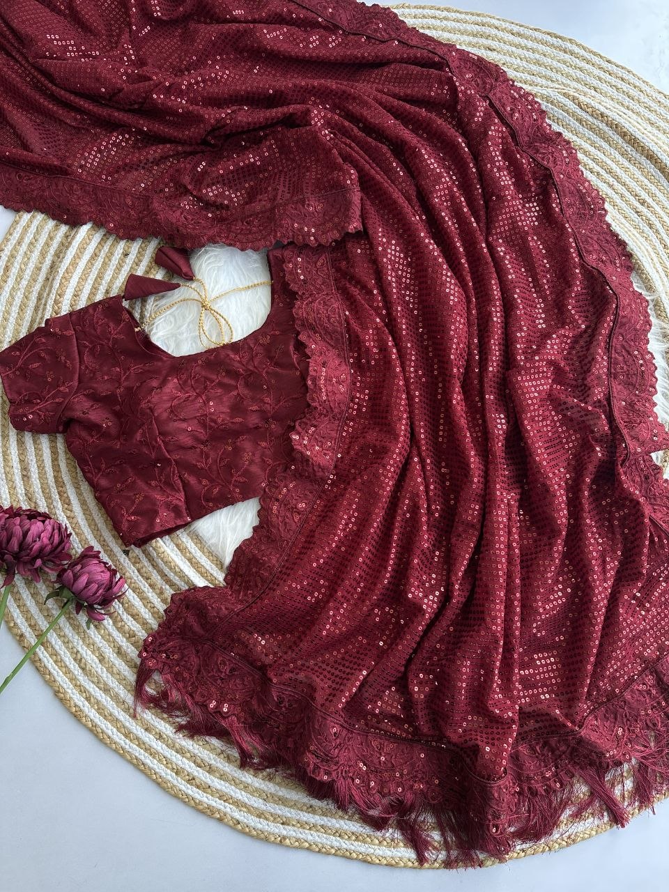 Bollywood Blockbuster Georgette Sequins Embroidered Saree with Designer Silk Blouse-MAROON