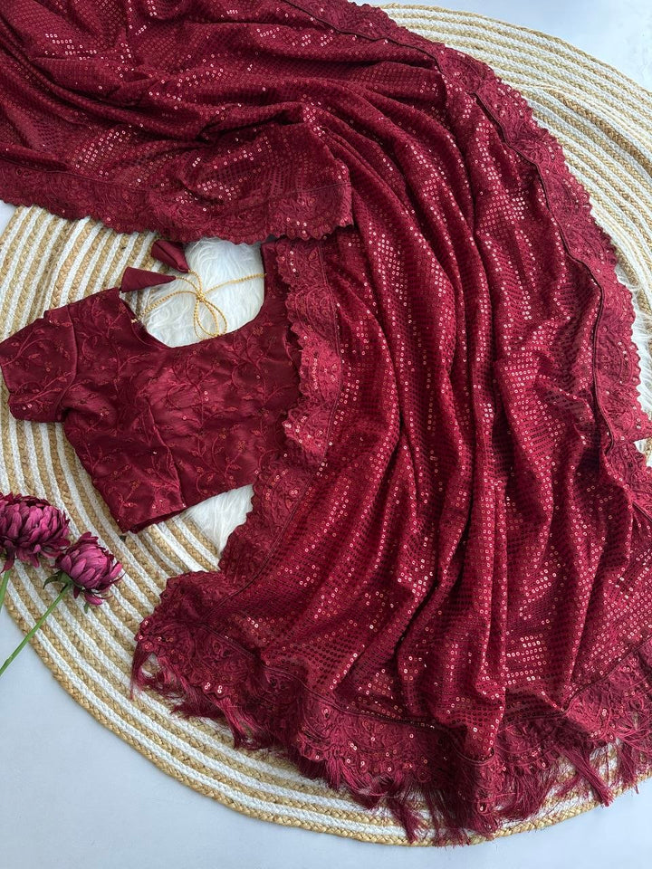 Bollywood Blockbuster Georgette Sequins Embroidered Saree with Designer Silk Blouse-MAROON